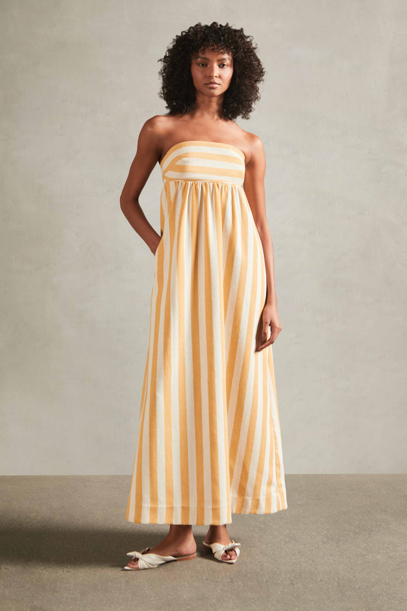 Riviera Off-White and Yellow Strapless Long Dress