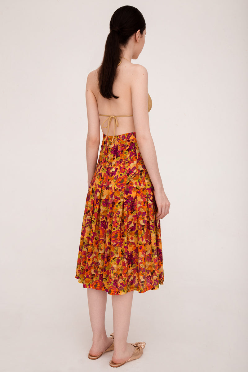 Fruits Print Pleated Midi Skirt