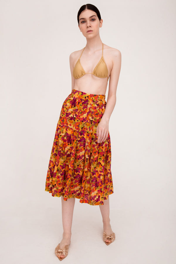Fruits Print Pleated Midi Skirt