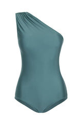 Retro style and timeless one-shoulder swimsuit is cut from stretch fabric with a ruched strap and asymmetric back