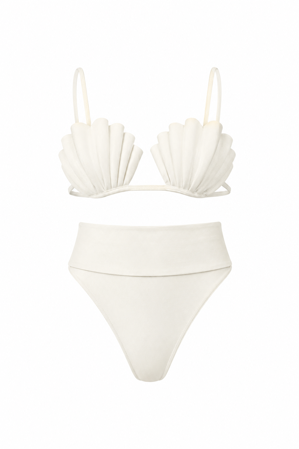 Model wearing the Seashell High-Leg Bikini Set color off white made from 85% polyamide, 15% elastane, styled for a beachwear look