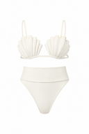 Model wearing the Seashell High-Leg Bikini Set color off white made from 85% polyamide, 15% elastane, styled for a beachwear look
