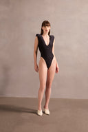 Solid Black Shoulder-Pad High-Leg Swimsuit Front
