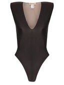 Solid Brown Shoulder-Pad High-Leg Swimsuit Product