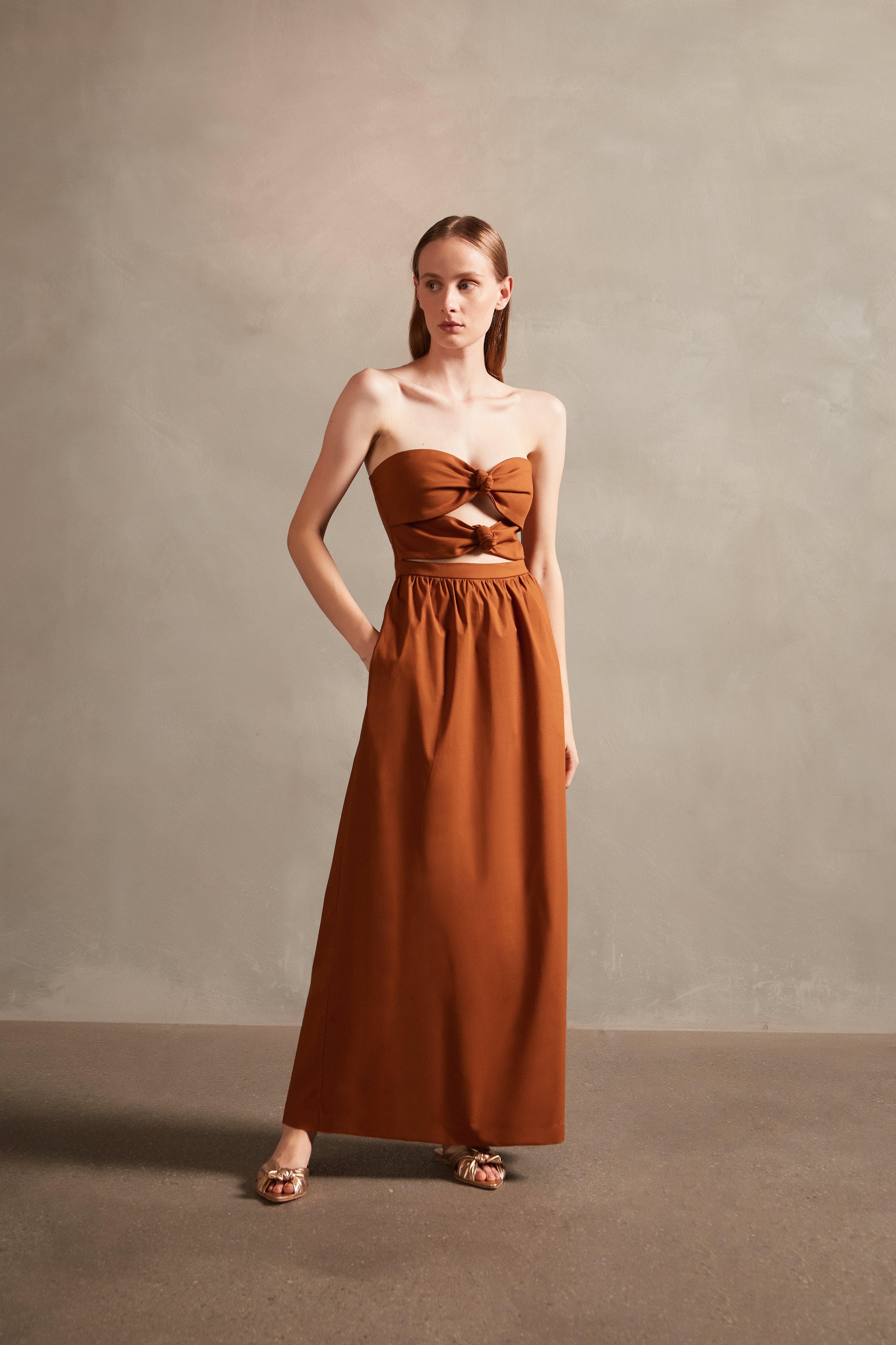 Solid Brown Strapless Double-Knot Long Dress Front