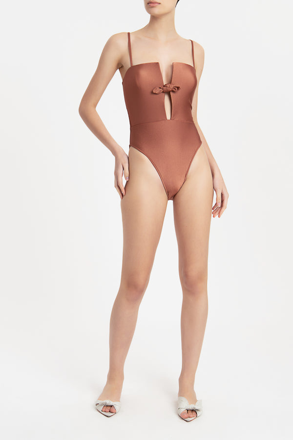 Solid Carre Vintage Swimsuit With Knot Front