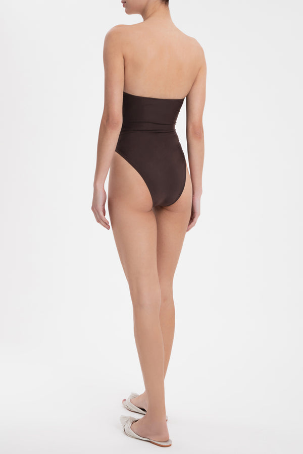 Solid Dark Brown High-Leg Strapless Swimsuit Back