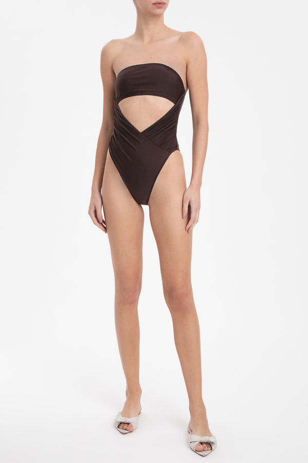 Solid Dark Brown High-Leg Strapless Swimsuit Front