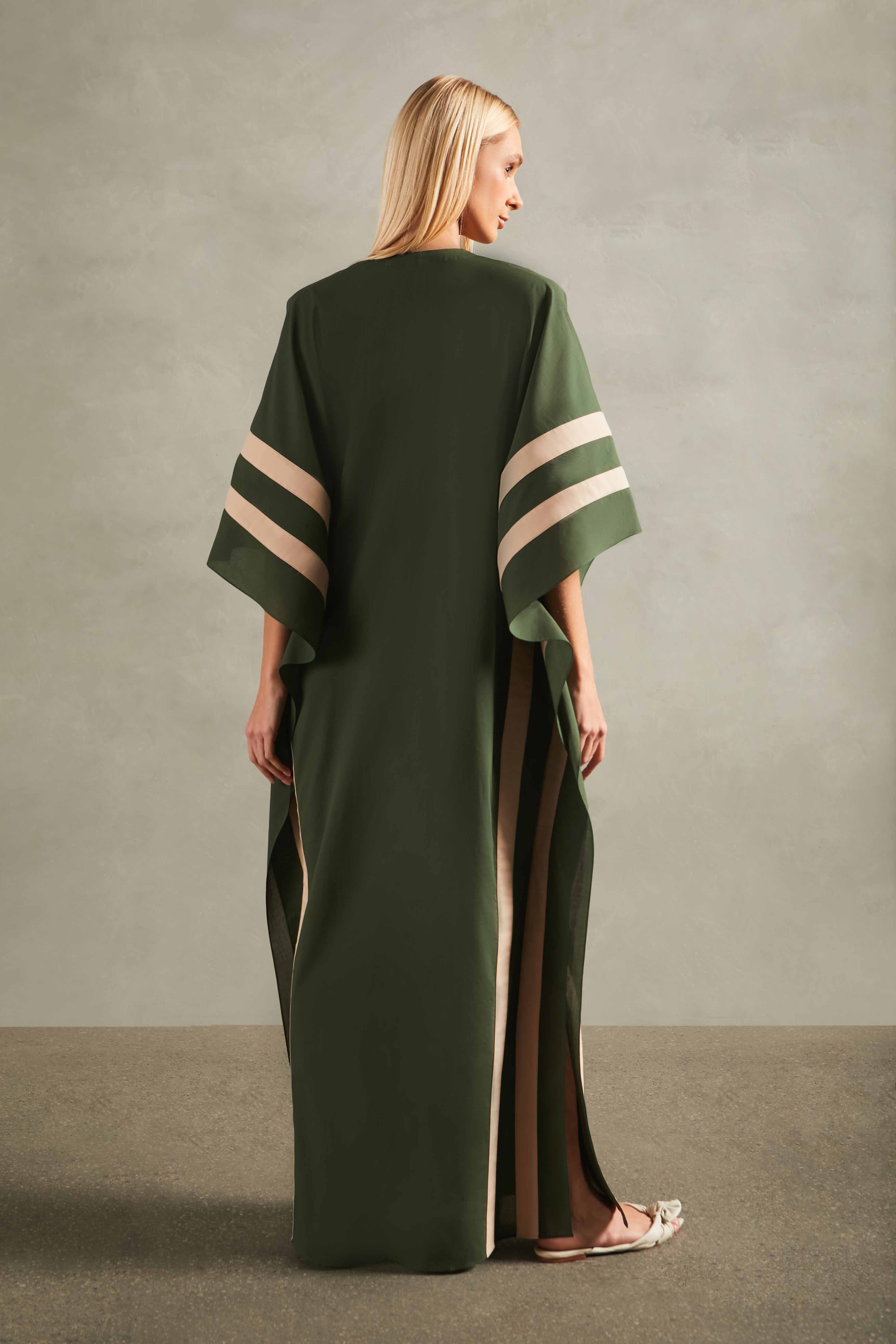 Solid Green Long Kaftan With Sash Back