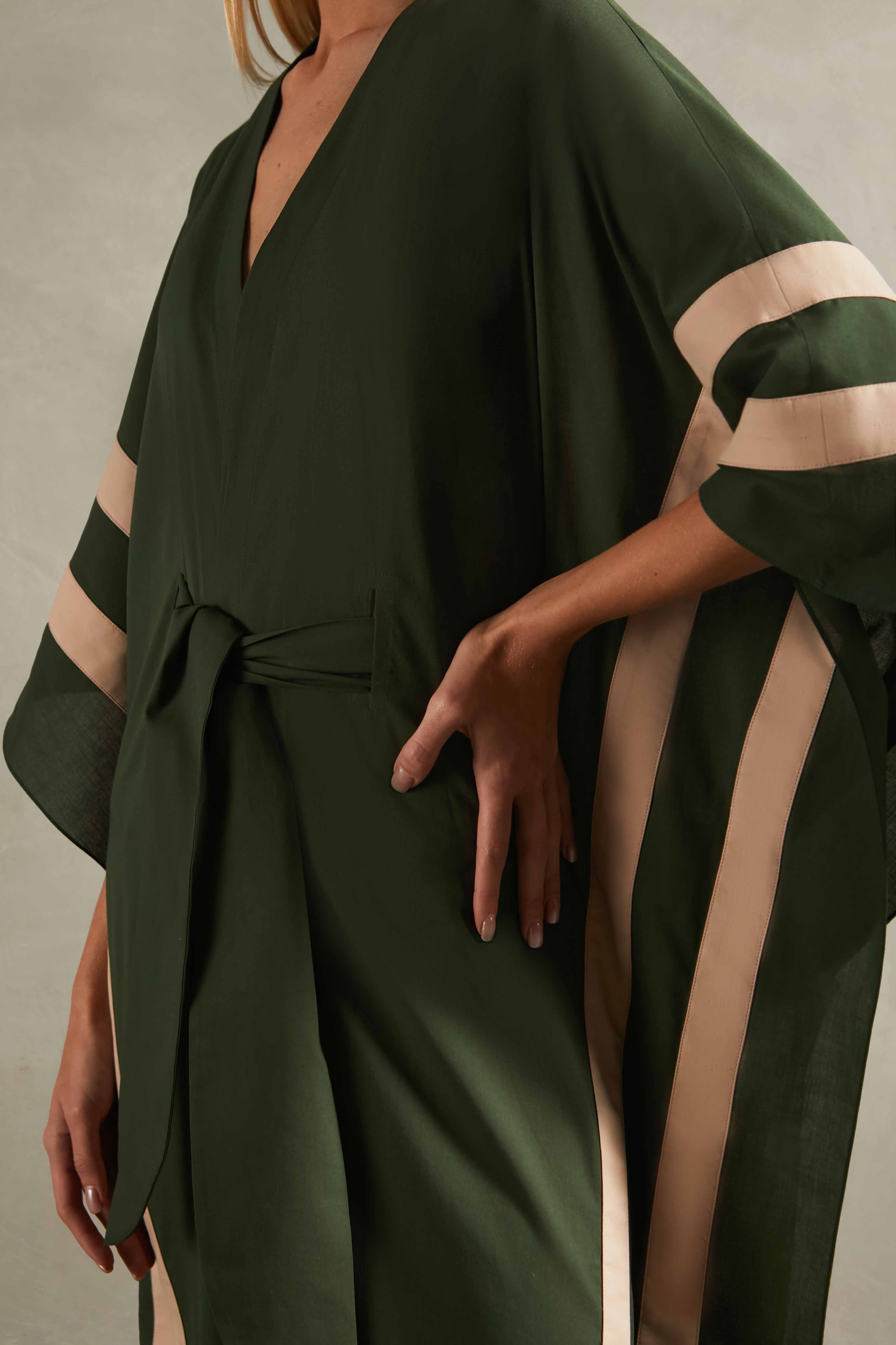 Solid Green Long Kaftan With Sash Detail