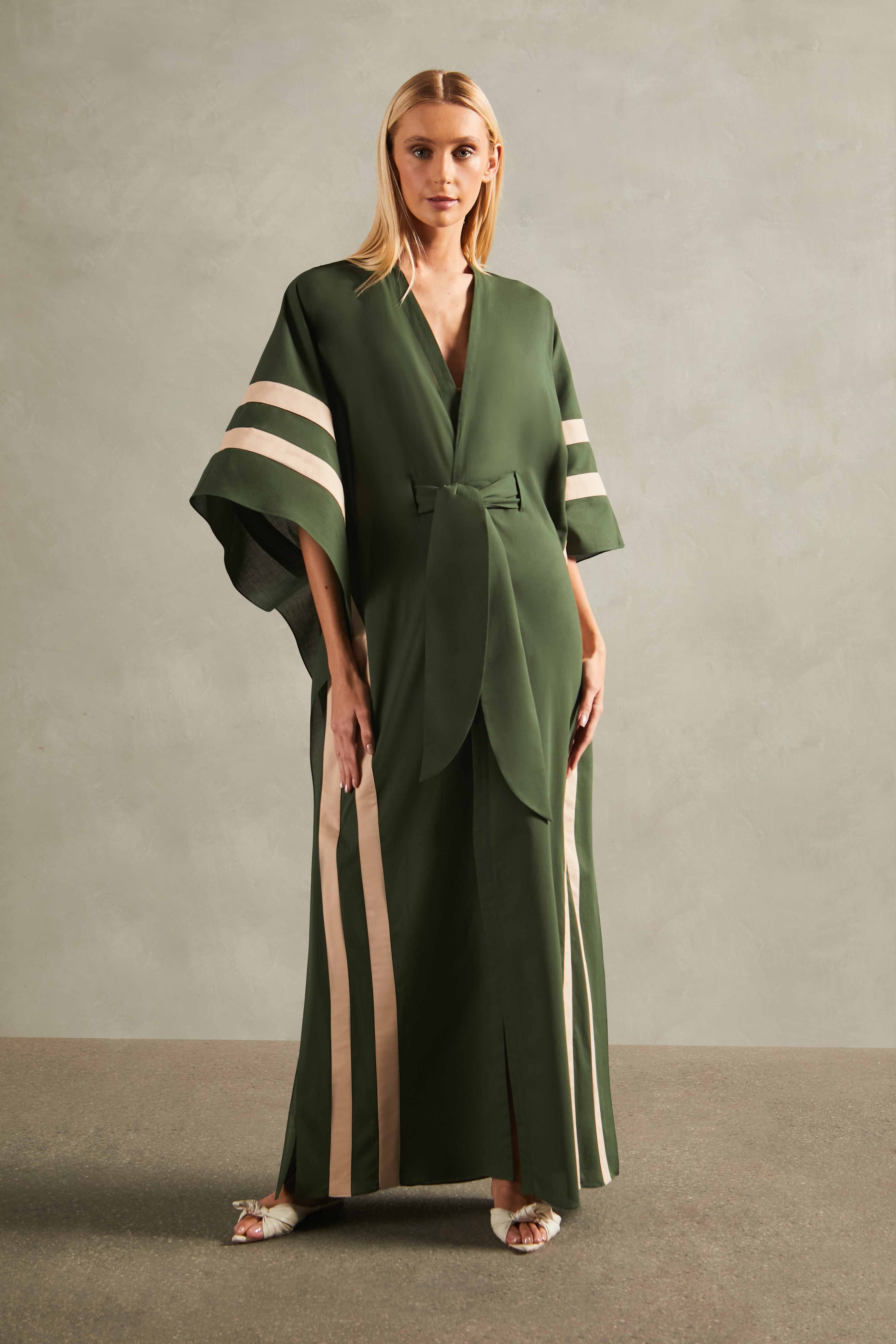 Solid Green Long Kaftan With Sash Front