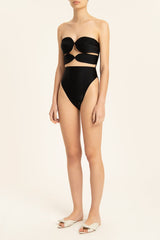 Solid High-Leg Matelasse Swimsuit Black Front 2