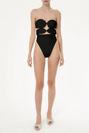 Solid High-Leg Matelasse Swimsuit Black Front