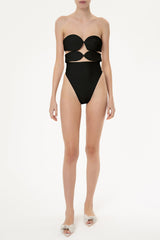Solid High-Leg Matelasse Swimsuit Black Front