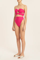 Solid High-Leg Matelasse Swimsuit Pink Front
