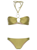Solid Hoops Strapless Bikini product showcasing it's halterneck green pistachio top and low waisted bottom, on a stretchy fabric. 