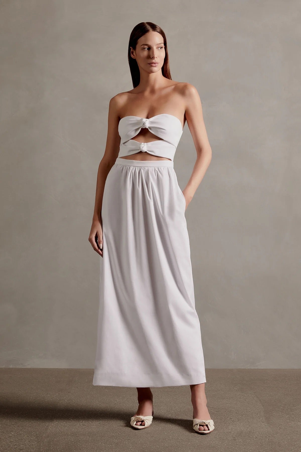 Solid Off White Strapless Double-Knot Long Dress Front