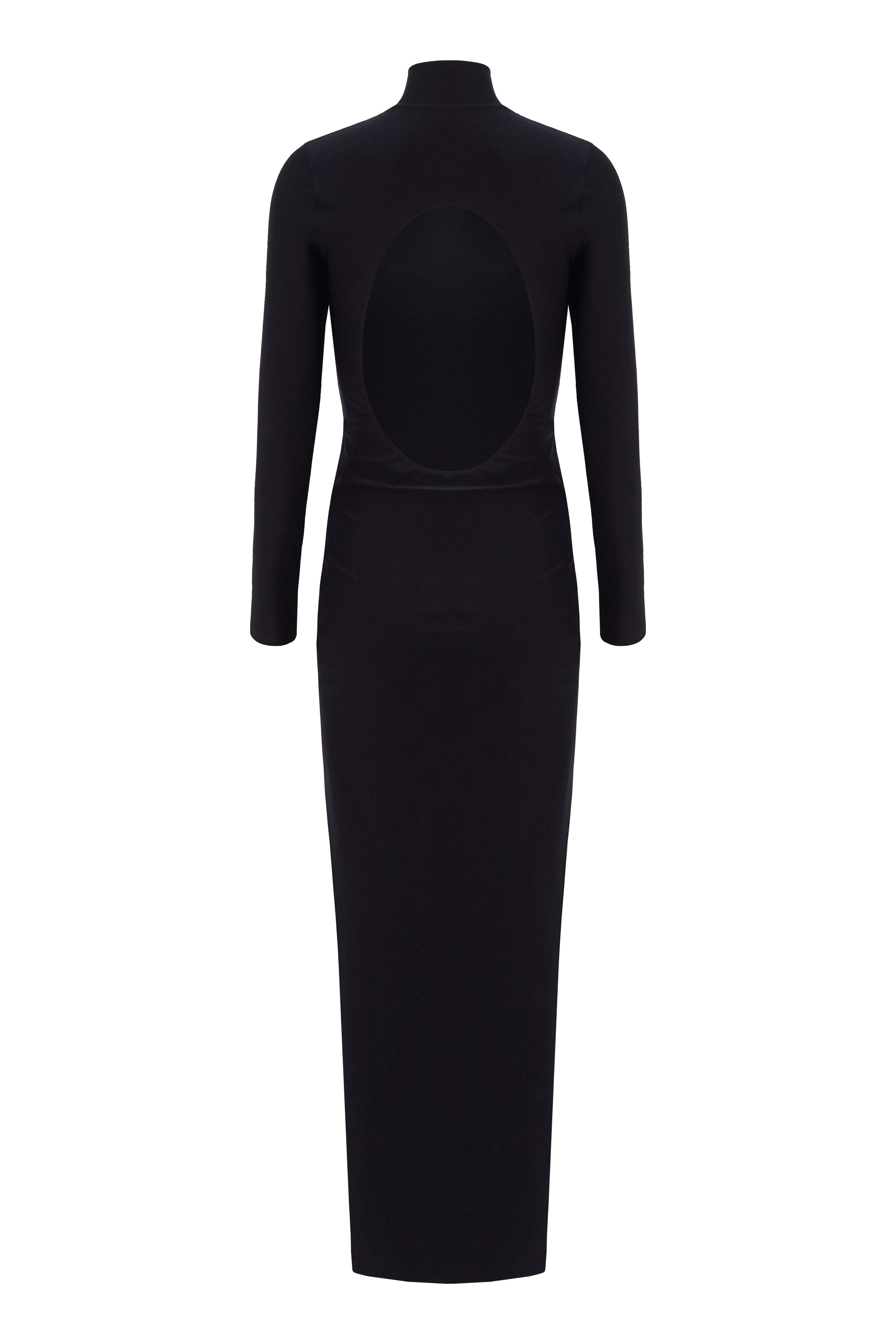 Still image of the Solid Open-Back Long Dress Product black with long sleeves on 85% polyamide 15% spandex fabric.