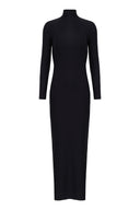 Still image of the Solid Open-Back Long Dress Product black with long sleeves on 85% polyamide 15% spandex fabric.