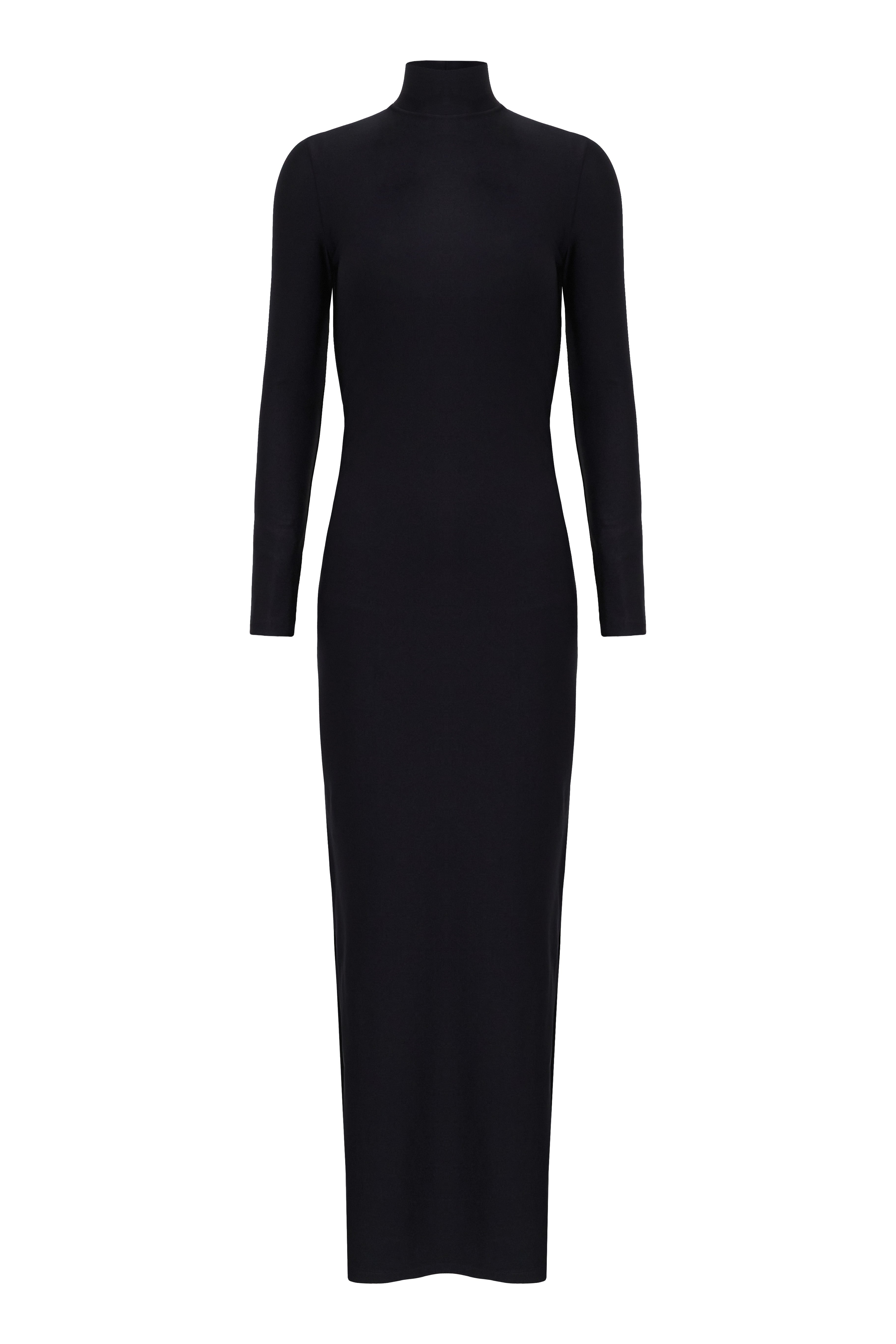 Still image of the Solid Open-Back Long Dress Product black with long sleeves on 85% polyamide 15% spandex fabric.