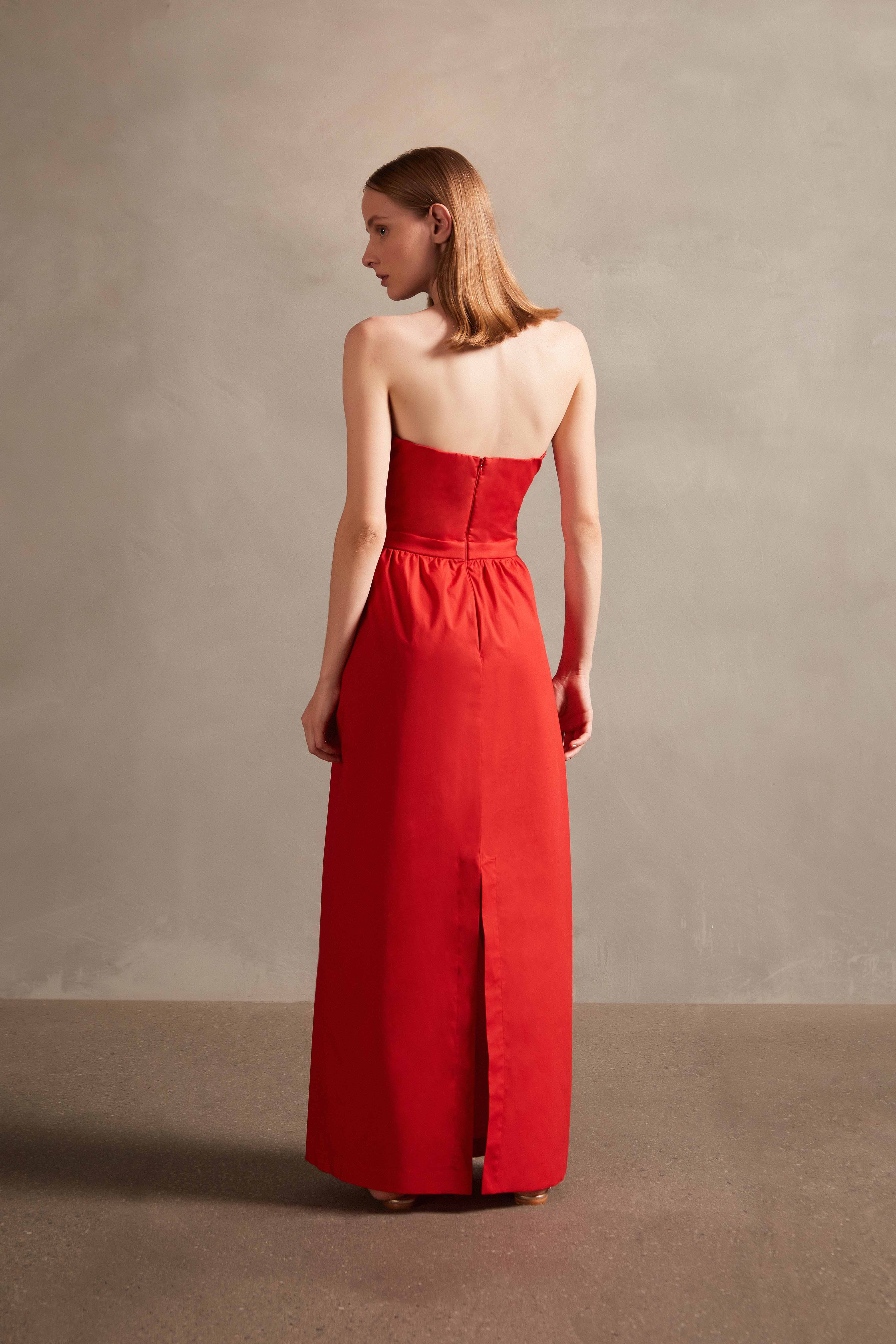 Solid Red Strapless Double-Knot Long Dress Back