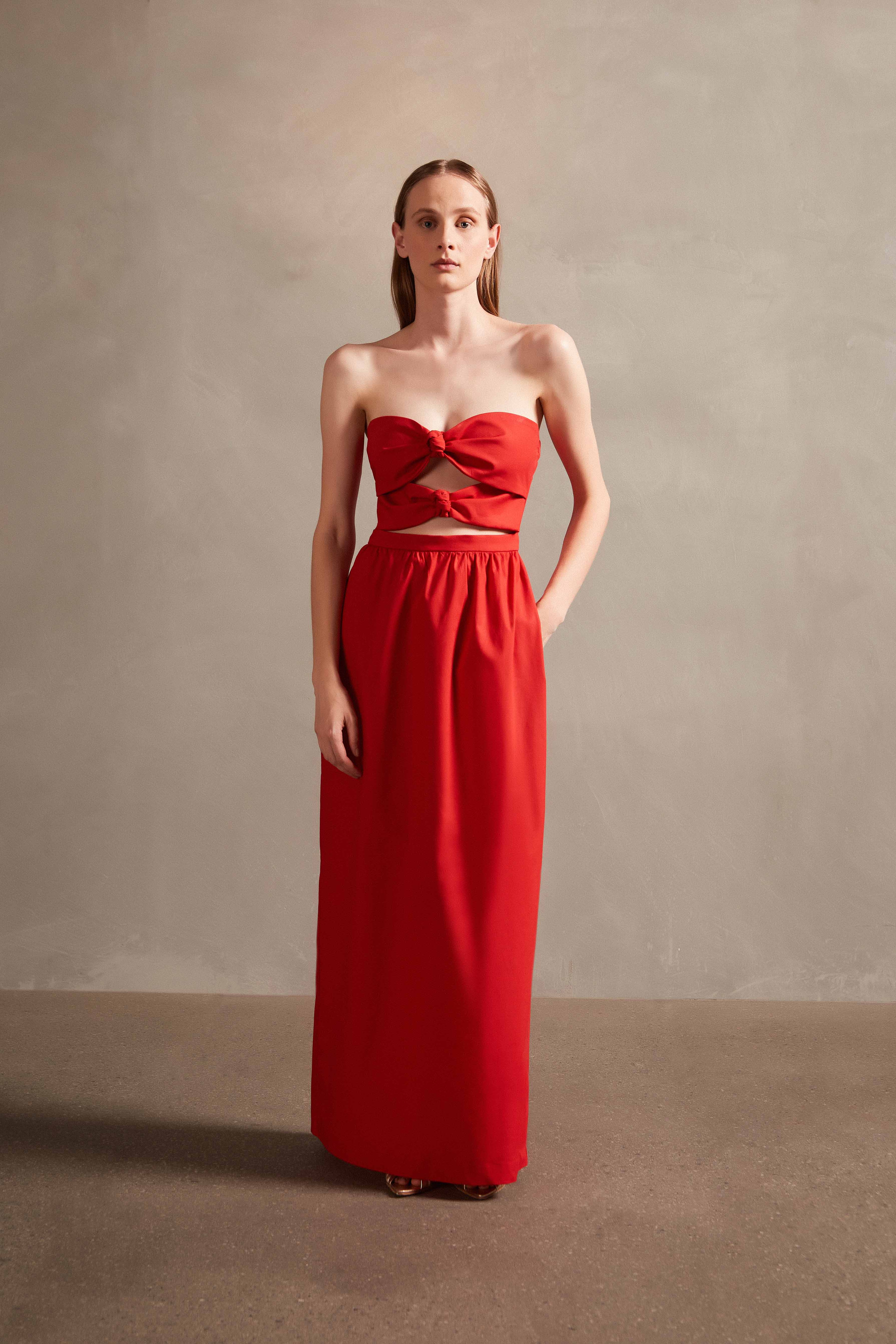 Solid Red Strapless Double-Knot Long Dress Front
