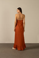 Model wearing the Solid Strapless Long Dress back styled for a beach look