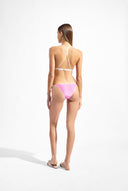 Model wearing the Solid Topstitched Bikini back color pink made from 85% polyamide 15% Elastane fabric, styled for a beachwear look