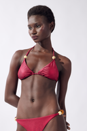Model wearing the Solid Triangle Beaded Bikini Set detail, color burgundy, made from 85% polyamide 15% elastane,styled for a beachwear look