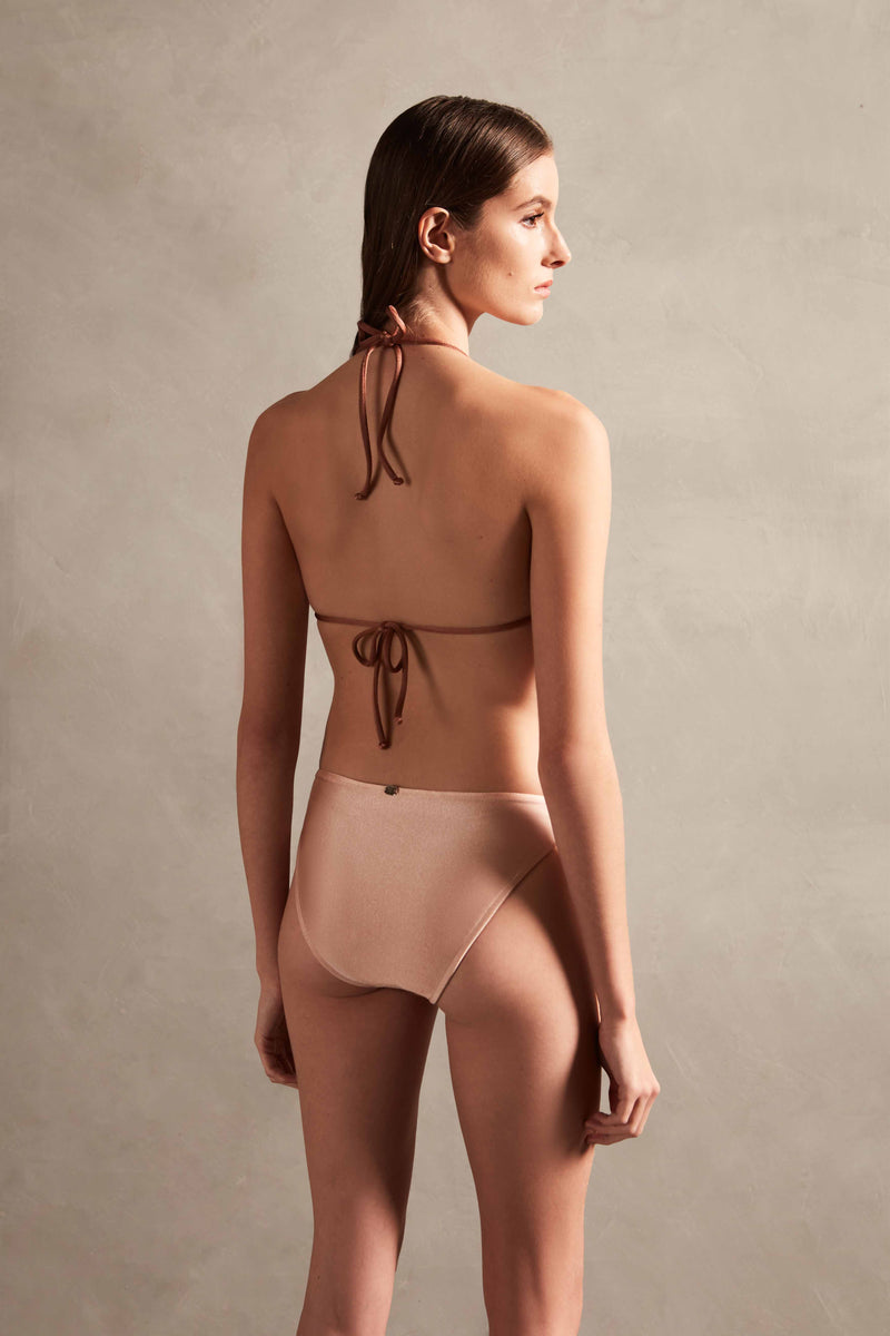 Spray Of Flower Solid Detailed High-Waisted Triangle Bikini Rose and Bronze Back
