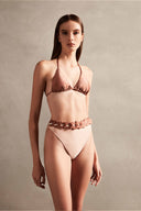 Spray Of Flower Solid Detailed High-Waisted Triangle Bikini Rose and Bronze Close Up