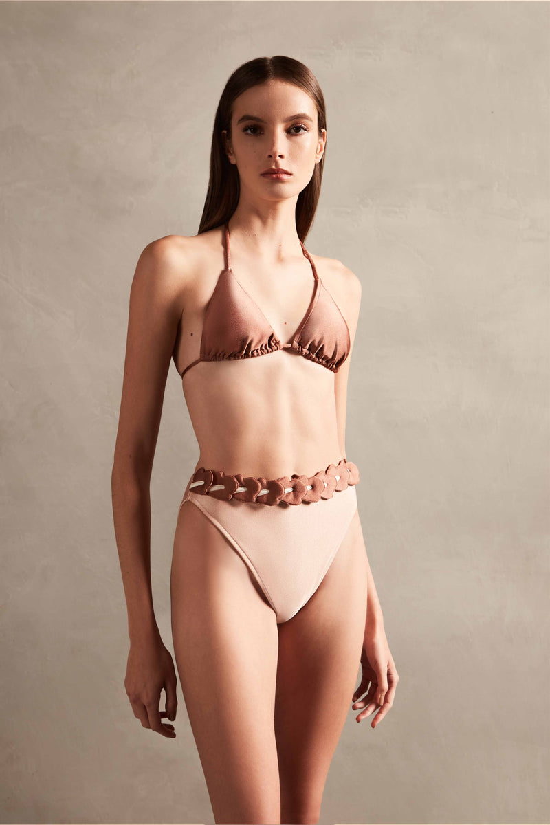Spray Of Flower Solid Detailed High-Waisted Triangle Bikini Rose and Bronze Close Up