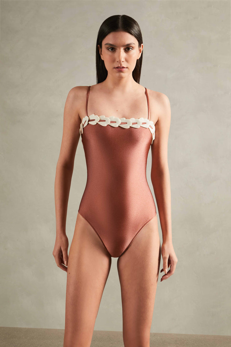 Spray Of Flower Solid Detailed Straps Swimsuit Bronze Front