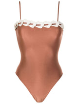 Spray Of Flower Solid Detailed Straps Swimsuit Bronze Prodcut