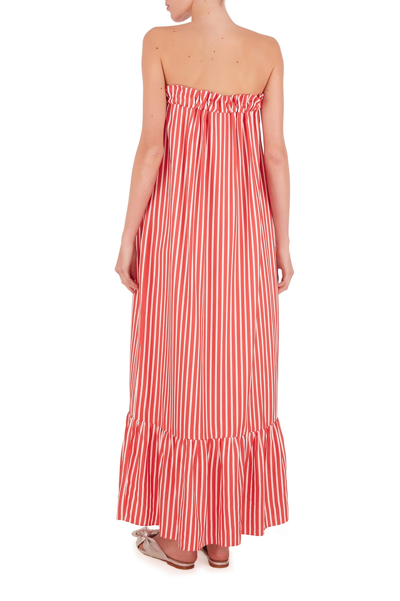 Striped Strapless Midi Dress With Ruffles Back