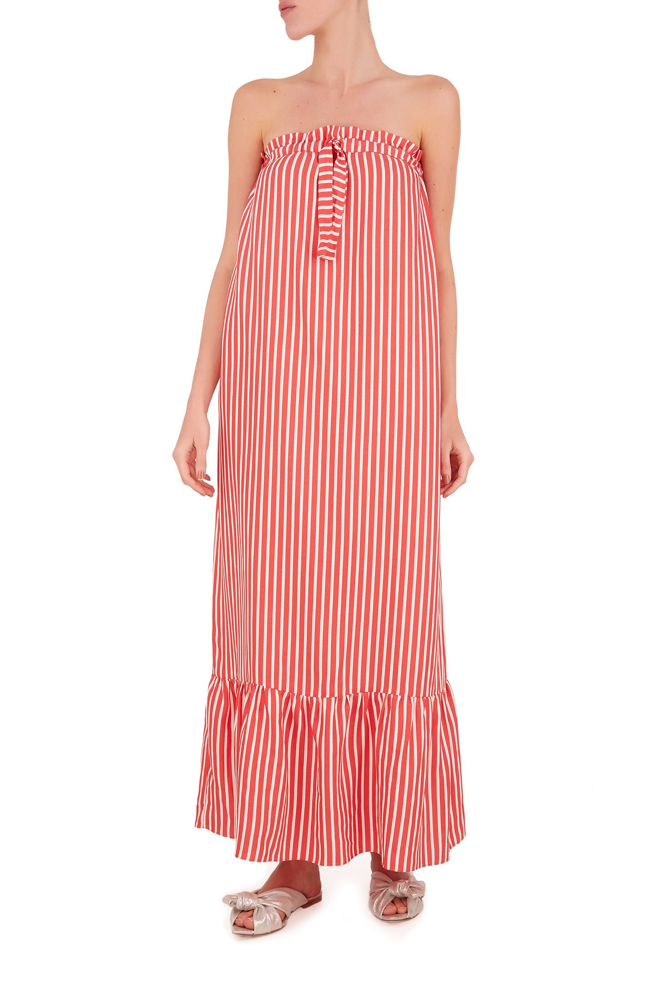 Striped Strapless Midi Dress With Ruffles Front