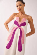 Model wearing the Structured Maxi Dress detail color off white, made from 97% cotton 03% elastane, styled for a dinner look