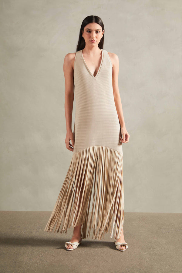 Tricot Beige Knit Long Dress with Fringes