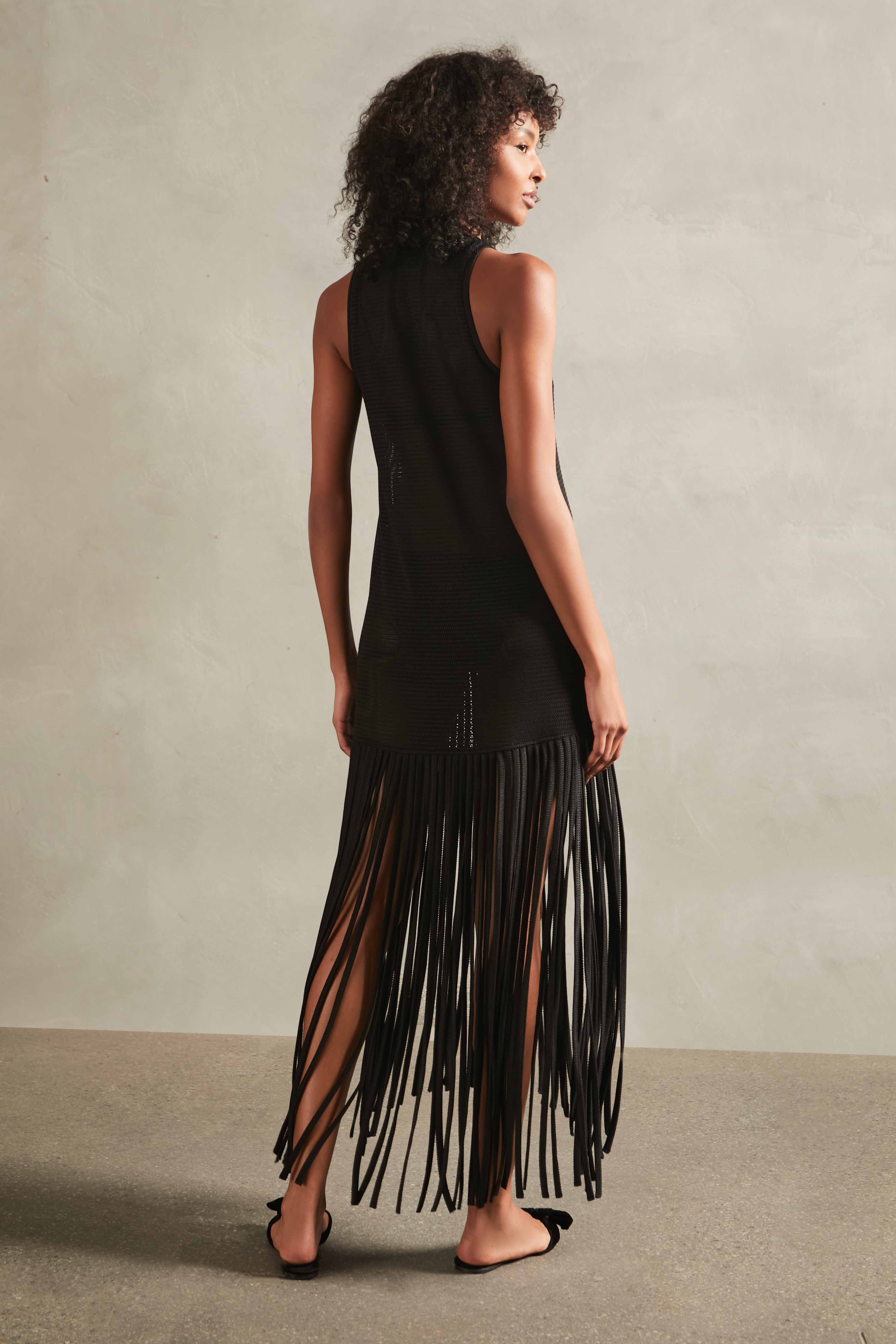 Tricot Black Knit Long Dress with Fringes Back