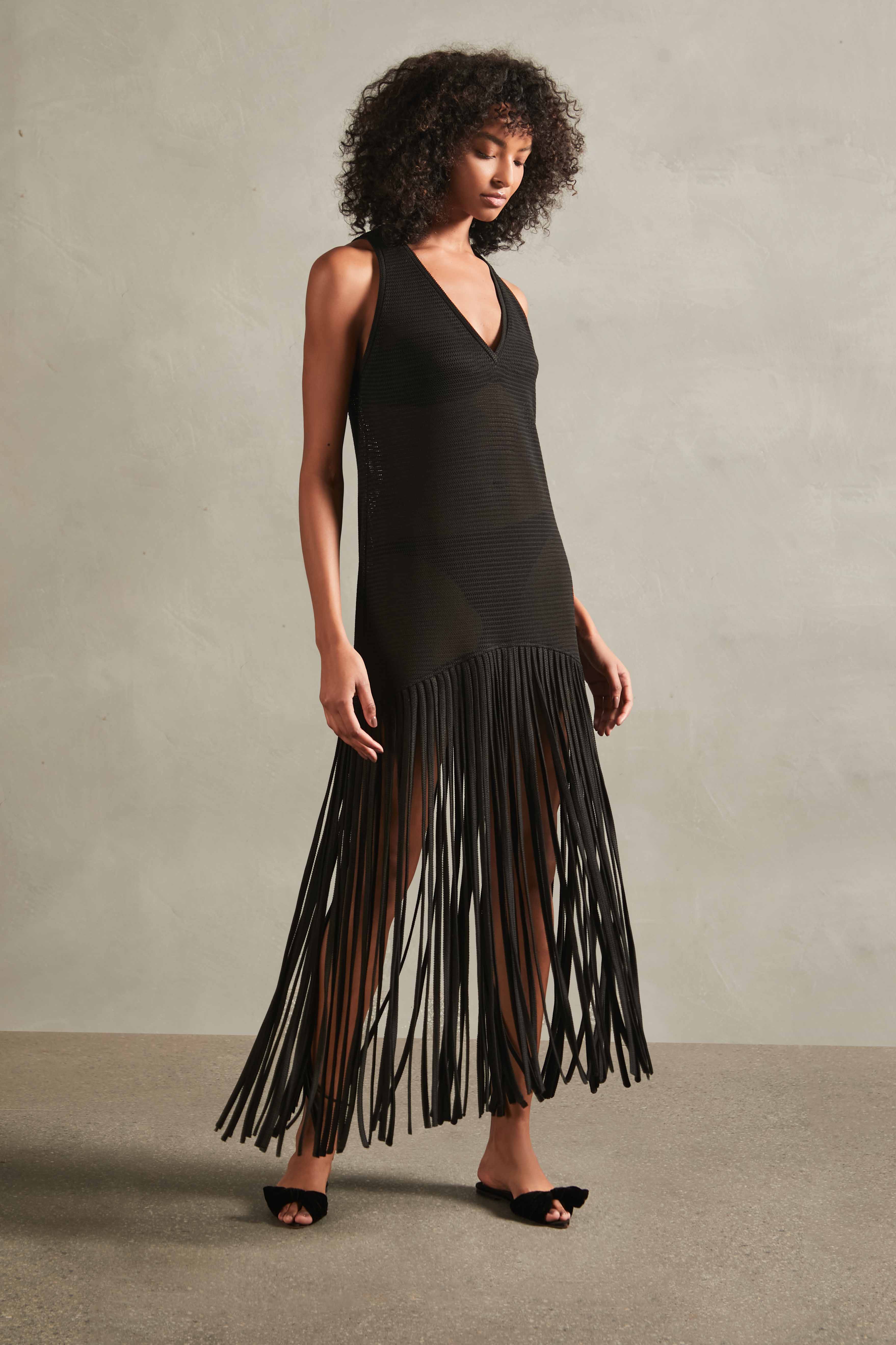Tricot Black Knit Long Dress with Fringes Full Product
