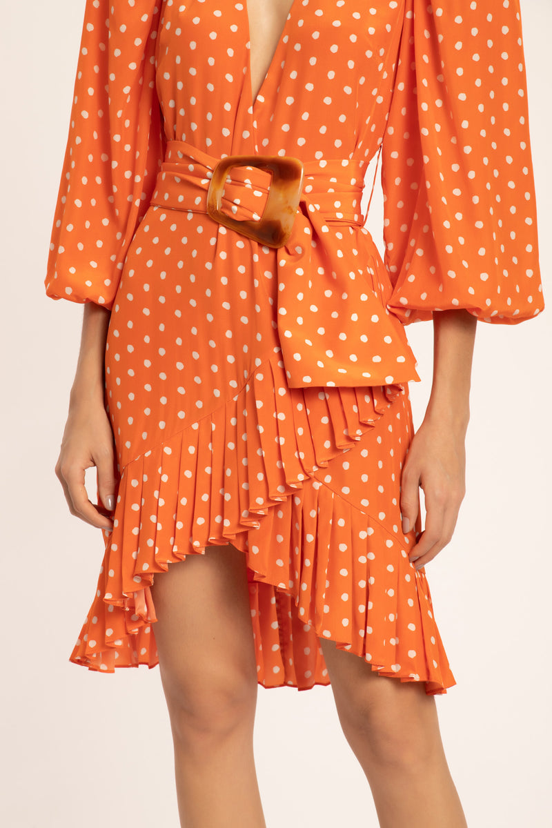 Tangerine Pois Puff-sleeved Short Dress With Belt