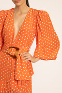 Tangerine Pois Puff-sleeved Short Dress With Belt