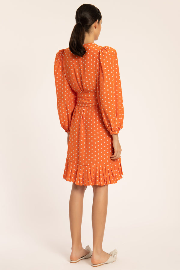 Tangerine Pois Puff-sleeved Short Dress With Belt