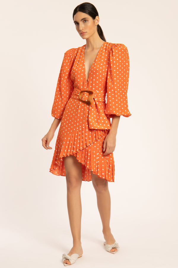 Tangerine Pois Puff-sleeved Short Dress With Belt