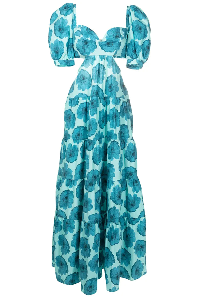Floral Classic Puff-Sleeved Cut-Outs Long Dress
