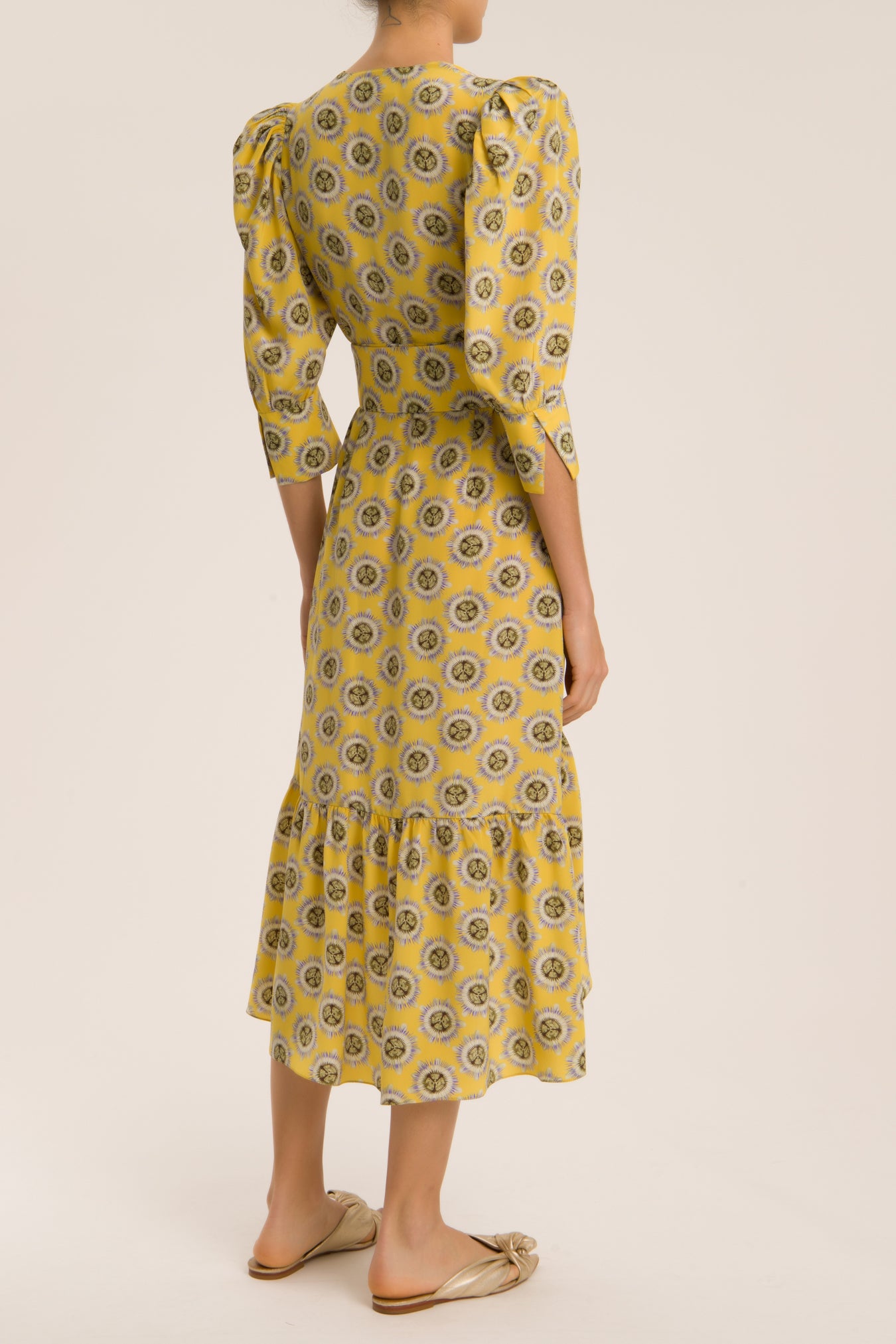 Exotic Passion Puff-Sleeved Silk Midi Dress With Belt