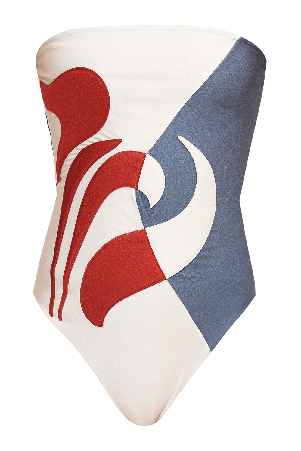 Still image of the Vintage Lily Solid Appliqué Strapless Swimsuit, red, off-white and antique blue print, on a stretchy fabric.