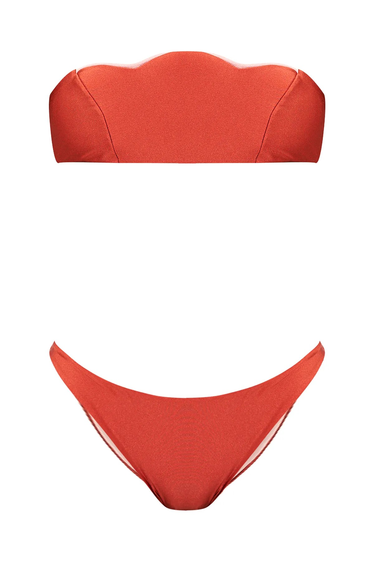 Still image of the Vintage Lily Solid Red Strapless Bikini, on a stretchy fabric.