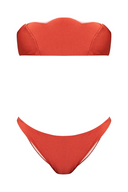 Still image of the Vintage Lily Solid Red Strapless Bikini, on a stretchy fabric.