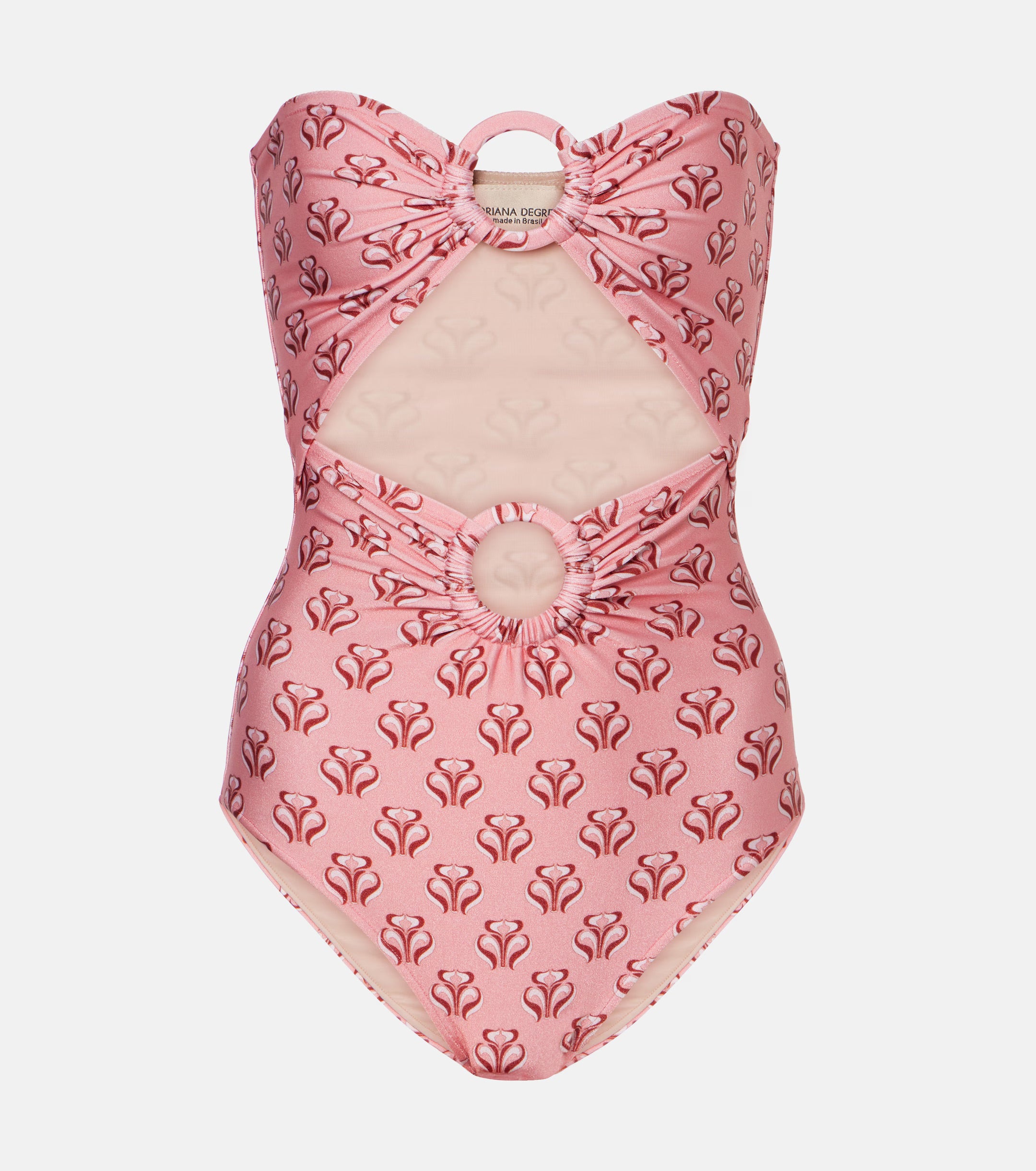 Still image of the Vintage Lily Strapless Swimsuit With Hoops, with pink print, on a stretchy fabric.